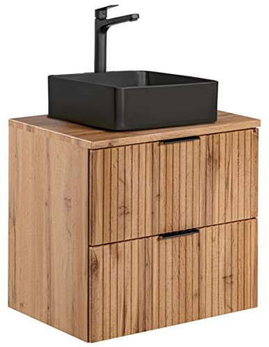 Lomadox Badmöbel Waschtisch Unterschrank Set Wotaneiche gerillt, Keramik-Waschbecken schwarz, 2 Softclose-Schubkästen, B/H/T 60,6/72,2/46,5 cm