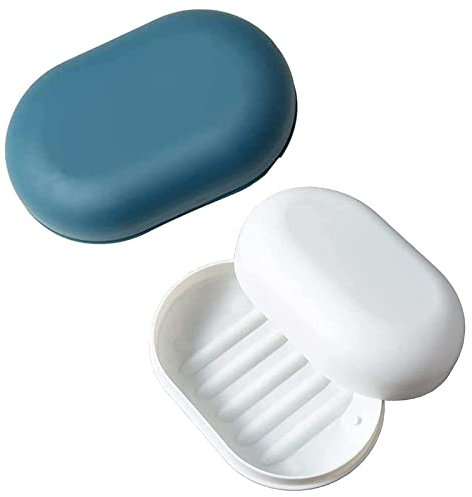 Jabonera con Tapa, 2 jaboneras, jabonera de Viaje, jabonera de Ducha portátil, Apta para baño, Viaje, Camping(Azul Oscuro + Blanco)