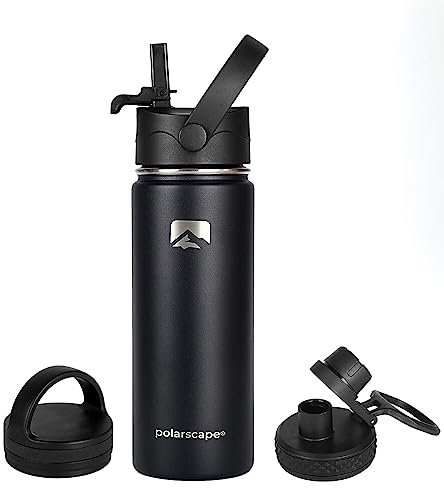 Polarscape Stainless Steel 500ml Insulated Water Bottle with Straw - Metal Water Bottle, Includes 3 Lids, 2 Straws, Straw Brush - Wide Mouth, Double-Walled, BPA Free, Leak Proof - 500ml Black