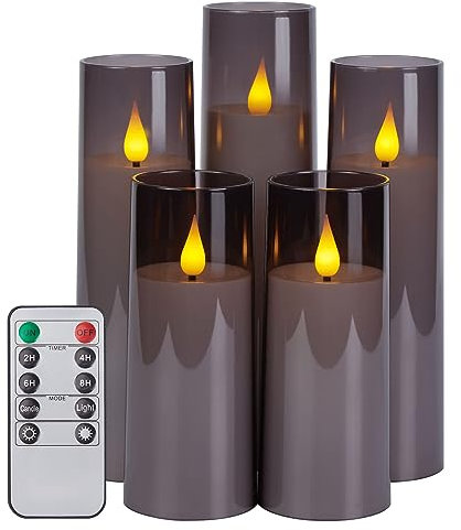 IMAGE Flickering Flameless Candles Battery Operated, Acrylic Shell Pillar 3D Wick LED Candles with Timer for Wedding Christmas Home Decor Set of 5 (D2.3 in X H5 5 7 7 8 in), Grey