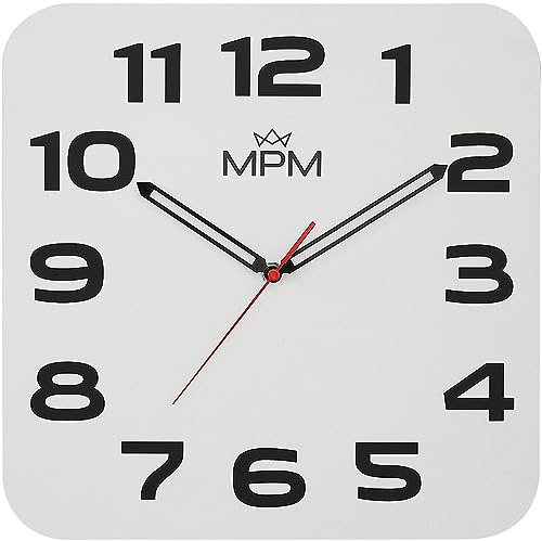 MPM Quality Quadratische Holz Wanduhr, Made in EU, Elegante Design-Holzuhr, Weiß/Schwarz, Wood Clock, Quarz-Uhrwerk Sweep, ∅ 350 mm, schöne Wanddeko für die Küche, Büro oder Wohnzimmer