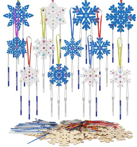 WEDNOK 12 Stück Schneeflocke Windspiel Bastelset Holz Schneekristall Basteln Kinder Schneeflocke Bastelhandwerk zum Bemalen Eiskristalle Kreativsets für Mädchen Jungen Weihnachten Winter