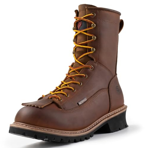 SUREWAY Men's 8 Waterproof Steel-Toe Logger Work Boot,Superior Oil/Slip Resistant,Thicker Full Grain Leather,Wedge Rubber Sole,EH Rated