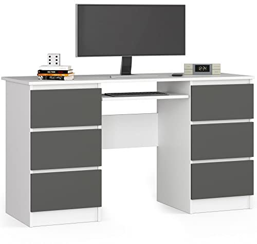 AKORD Petit bureau avec tiroirs - Bureau d'ordinateur - Avec plateau pour clavier - 135 x 77 x 50 cm (l x H x P) - 60 kg - Blanc/gris graphite