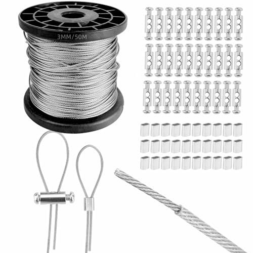 Cuerda de alambre de 3 mm con revestimiento de PVC, 50 m, cable de alambre resistente de acero inoxidable 304, cable de alambre de jardín, núcleo de 7 x 7 hebras, con 60 abrazaderas de crimpado