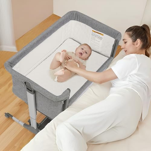 Beistellbett Baby, 3 In 1 Babybett Zustellbett Stubenwagen Babywiege Tragbares Baby Reisebett Mit Matratze & Rollen Verstellbar Kinderbett Beistellbett mit Wiegefunktion Für Neugeborene Kleinkinder