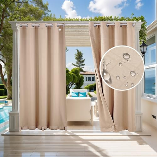 Jianyana Outdoor Vorhang Wetterfest 2er Set, Anti-UV Verdunklungs Vorhänge mit Ösen Sichtschutz Sonnenschutz Outdoor Gardine für Balkon Terrasse Pergola Gartenlaube Veranda(Beige B132 x H238 cm)