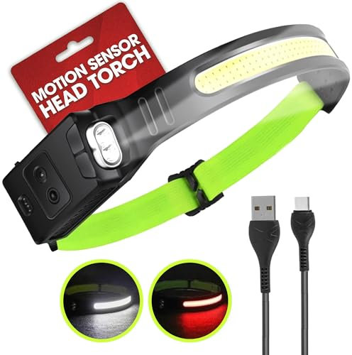 Spanner In The Works® | Head Torch - 230 Degree Led Headtorch Rechargeable Waterproof, Motion Sensor, XPE Headtorch Waterproof - Powerful Red Light LED Headband | 6 Mode Headlamp