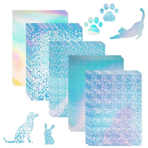 AILUYA 20 Stück A4 Holographische Aufkleber Papier, Vinyl Aufkleber Irisierende, Sticker Papier Zum Bedrucken, Glitzerpapier Zum Basteln FüR Diy, Stickerpapier FüR Tintenstrahldrucker, 5 Stile