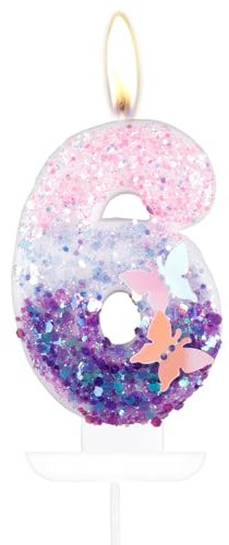 Schmetterling Zahl 6 Kerzen für Kuchen, 6 Geburtstag Schmetterling Kuchen Kerzen Cake Topper Mädchen 6 Geburtstag Kuchen Dekorationen, Lila Rosa Schmetterling Geburtstagskerzen, Lila Schmetterling
