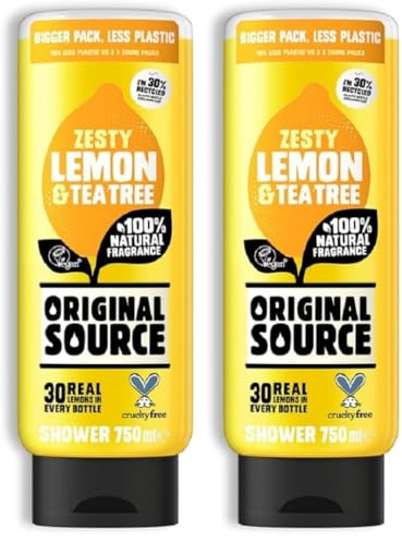 Original Source Lemon & Tea Tree Shower Gel, 100 Percent Natural Fragrance, Vegan, Cruelty Free, Paraben Free, Large Bottle, 750 ml (Pack of 2)