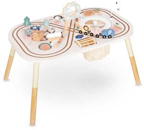 Mamabrum Holz-Lerntisch für Kinder mit 10 Aktivitäten für Kinder 3+, Montessori Spielzeug, Motorikschleife, Formsortierer, Labyrinth, und Eisenbahnset