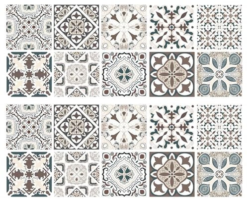 20pcs Vintage Wall Decal Sticker Waterproof Transfers Covers Decals Vinyl Peel and Stick on Tile Stickers DIY Oil-Proof Traditional Wall Tile for Stairs Kitchen Bathroom Backsplash Floor Home (D)