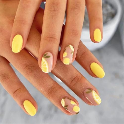 24PCS French False Nails - Almond Lemon Style Press on Nails with Glue - 24 Pcs Short Glitter Pink False Nails Glossy - Oval Medium Stick on Nails for Women Girls Nails Art
