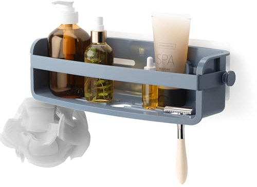 Umbra Flex Adhesive Shower Shelf for Shampoo, Conditioner, Shower Gel, Soap, Loofah Sponge, Razor, No Drilling, Rustproof, Acrylonitrile Butadiene Styrene, Slate Blue, 9 x 33 x 12 cm