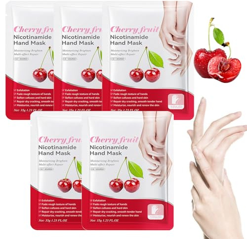Handmasken, 5 Paar Feuchtigkeitsspendende Handschuhe, Handpflege für Trockene Alternde Rissige Hände für Frauen und Männer, Peeling-Handmasken mit Kirschextrakt