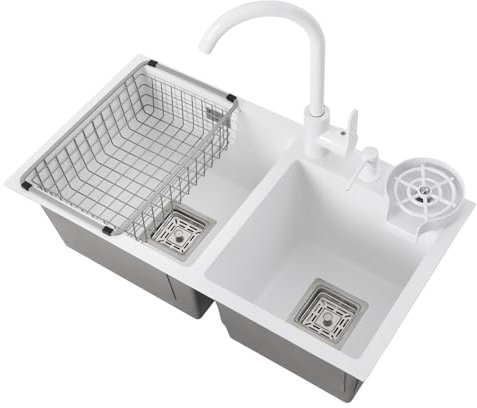 Fregadero blanco, fregadero de cocina con grifo de agua caliente y fría giratorio 360°, escurridor, dispensador de jabón, fregadero doble, fregadero empotrado, fregadero de acero inoxidable, 71 x 38 x