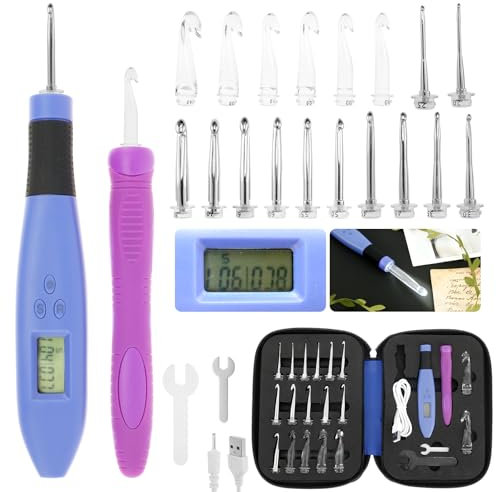 Beleuchtete Häkelnadel mit Zähler 18 In 1 USB Aufladung Häkelnadel mit Licht Schlüssel Stricknadeln Set Austauschbar 2,0~14,0mm LED Häkelnadel Set für Strickbegeisterter