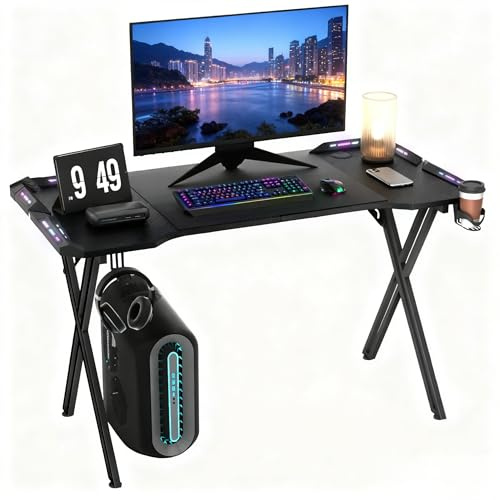 SAILUN Gaming Desk with LED Lights X-Frame Computer Desk 140cm Gaming Table with Cup Holder and Headphone Hook PC Desk for Gaming Room, Bedroom, Office, Small Space, Black