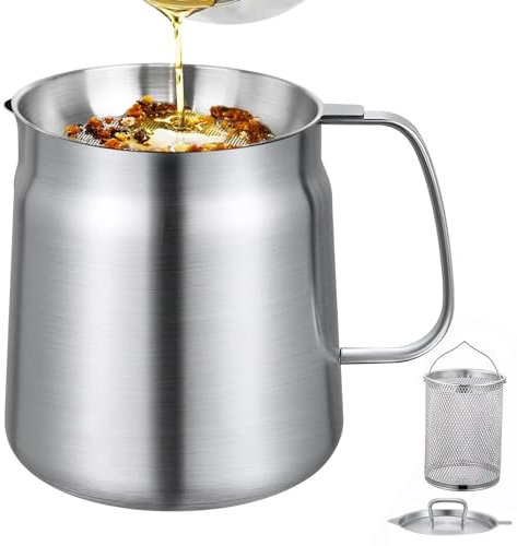 MIFXIN 304 Stainless Steel Oil Filter Pot with Filter Basket and Mesh - Multi-Functional Grease Container for Storing, Frying, and Filtering Cooking Oil, Dust-Proof Lid, Non-Slip Tray & Handle (2L)
