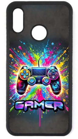FunKaz Coque pour Huawei P20 Lite - Gamer Manette de Jeu Fond Multicolore - Coque Noire TPU