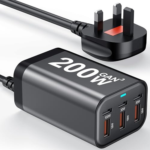 USB C Charger Block 200W 6 Port GaN Fast Charging Station Hub for Laptop, iPad, iPhone 16 Pro Max Fast Charger Pixel DELL MacBook Pro/Air Galaxy S25 Steam Deck USB C 100W Adapter for Android