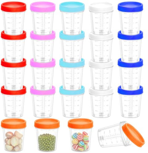 Mssushi 24 Pièces Pot Plastique Avec Couvercle 120ML Pot Sauce a Emporter, Petits Récipients Alimentaires Avec Graduation, Réutilisable Petit Conservation, Pour Sauces(Avec sticker)