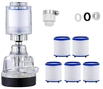 Blitzel-Pure Stream Wasserfilter Drehbar-360°Wasserhahn mit Baumwollfilter Transparenter Wasserfilter für Küche, Bad (Wasserhahn + 5 Filterelement)