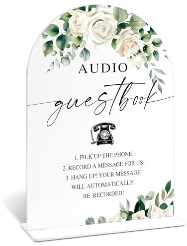Acrylic Wedding Signs for Ceremony And Reception, White Rose Audio Guest Book Sign, Bridal Shower Centerpieces for Tables with Base, Bachelorette, Engagement and Wedding Essentials for Ceremony