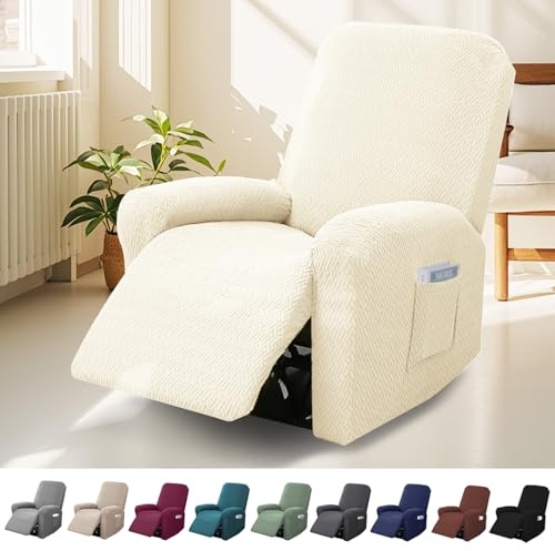 BOUFEIDA 4-Teilig Sessel Überzug, 1-Sitzer Sesselschoner mit Taschen | All-Inclusive Streifen-Jacquard Sesselschoner für Fernsehsessel Relaxsessel Sesselhusse, Anti-Rutsch & High Stretch