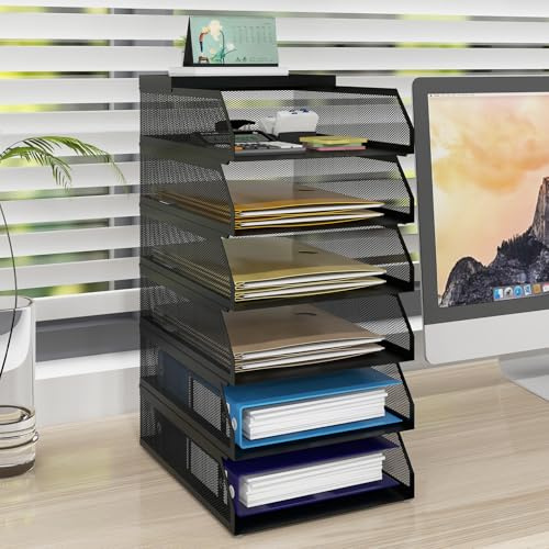 PUNCIA 6 Tiers Office A4 Paper Storage Organizer Letter Tray File Holder | Desktop Mail Letter Rack & Stackable Support Desk Tidy Document Notebooks Storage Rack for Home Office School Black