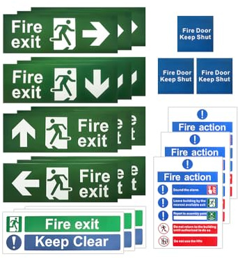 21Pcs Fire Exit Sign Set, Self Adhesive Fire Safety Signs (Right, Left, Up, Down Arrow) Fire Action Notice Sign, Keep Clear, Door Keep Shut, Self Adhesive Vinyl Sticker Fire Exit Keep Clear Stickers