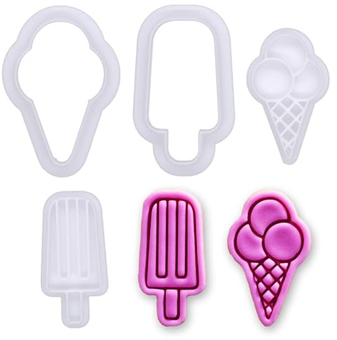 BAKERLOGY Eistüte & Eis am Stiel Mini Ausstechformen & Stempel Set – Niedliche Sommer Fondant Prägestempel für Party Backen, Cupcake Toppings & Süße Desserts