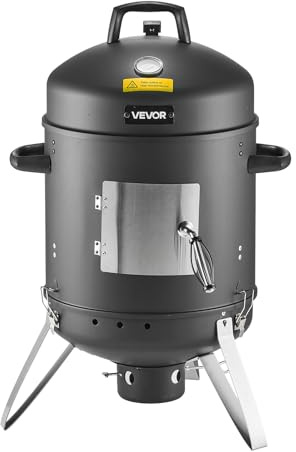 VEVOR Ahumador de Carbón, Parrilla Vertical de 40 cm, Acero Revestido, con 2 Rejillas de Cocción, Termómetro, Ventilación y Bandeja de Cenizas Extraíble, para Cocinar al Aire Libre en Fiestas
