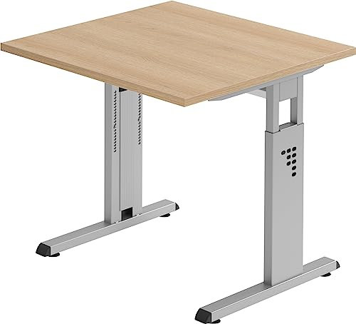 Bümö höhenverstellbarer Schreibtisch O-Serie 80x80 cm in Eiche, Gestell in Silber - PC Tisch klein für's Büro manuell höhenverstellbar, Computertisch verstellbar