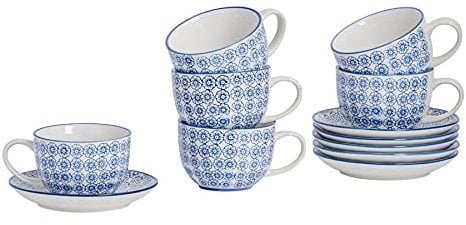 Nicola Spring Hand Printed Cappuccino Cups with Saucers - 250ml - 24pc Navy Porcelain Cappuccino Cups and Saucer Set Coffee Mugs with Handle and Plate