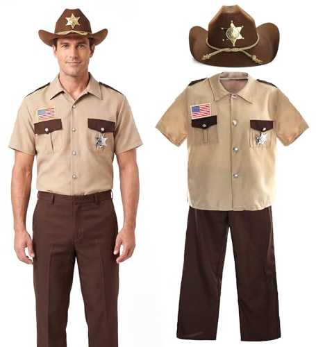 MÄNNER UNS SHERIFF KOSTÜM KOSTÜM - ERWACHSENE 4 STÜCK SHERIFF KOSTÜM MIT BEIGE SHIRT, KUNSTSTOFF SHERIFFS ABZEICHEN, COWBOY-HUT UND BRAUNE HOSE MIT EINEM ELASTISCHEN RÜCKEN (X- GROß)