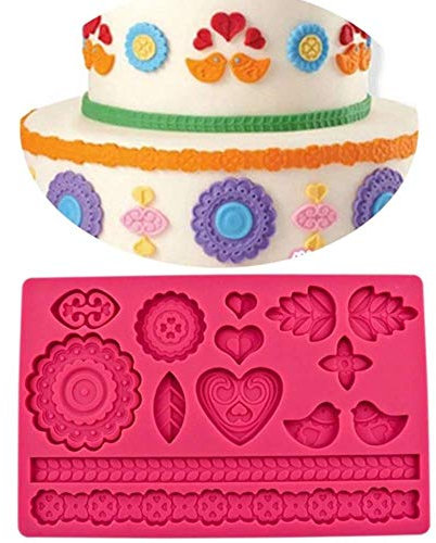 Herz, Blätter, Vogel, Bordür Silikonform Set