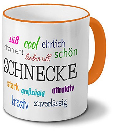 printplanet Tasse mit Namen Schnecke - Motiv Positive Eigenschaften - Namenstasse, Kaffeebecher, Mug, Becher, Kaffeetasse - Farbe Orange