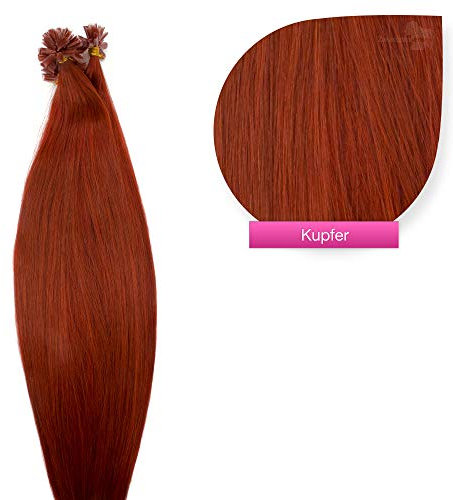 Kupfer Bonding Extensions aus 100% Remy Echthaar - 25x 1g 45cm Glatte Strähnen - Lange Haare mit Keratin Bondings U-Tip als Haarverlängerung und Haarverdichtung in der Farbe Kupfer