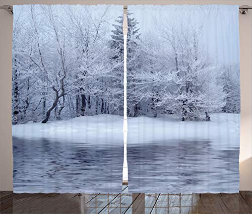 ABAKUHAUS Weihnachten Rustikaler Vorhang, Winter Blizzard Wald, Wohnzimmer Universalband Gardinen mit Schlaufen und Haken, 280 x 225 cm, Weiß Grau