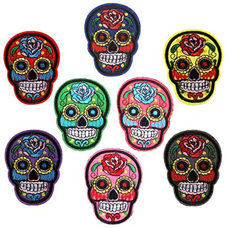 Pack of 8 Colorful Mixed Skull Clothes Patch Set Skull Badges Set Mexican Sugar Skull Embroidered Iron on Patches for Jeans, Bags, Vest,Jackets, Arts and Crafts