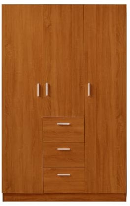Wooden 3 Doors 3 Drawers Wardrobes with Hanging Rail and Storage Shelves Modern Large Clothes Cupboards Unit for Bedroom Furniture (Oak Effect)
