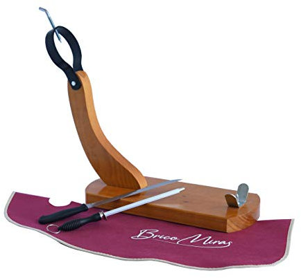 BRICOMIRAS - Jamonero Modelo Huelva Económico | Incluye Cuchillo y Chaira | Soporte Robusto de Madera de Pino | Ideal para Jamones Medianos y Grandes, Cubrejamón Burdeos