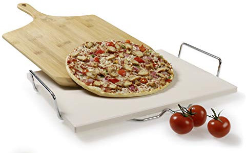Piedra para pizza de cordierrita, 38 x 29 x 1,5 cm, con soporte de metal, cortador de pizza y pala para pizza de bambú