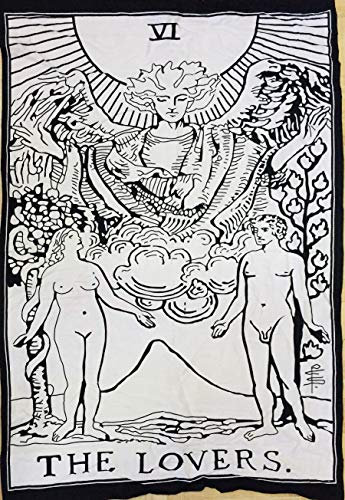 Indian Consigners Lovers Schwarz-Weiß-Tarotkarten Tapisserie, kleiner Junge und Mädchen, Baumwoll-Poster (100 cm x 75 cm) (The Lovers)