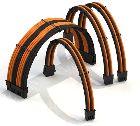 LINKUP - 30cm Superweiche und Flexible Netzteilkabel mit Verlängerungshülsen Custom Mod GPU PC Geflochten mit Kamm-Kit | 1x 24 P (20+4) | 1x 8 P (4+4) CPU | 2x 8 P (6+2) GPU Set | 300mm Orange Schwarz