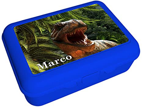CreaDesign, Kinder Brotdose, Lunchbox, Vesperbox blau mit Fächern Einsatz, ideal für Kita, Kindergarten und Schule, T-Rex, 13,9 x 19 x 7 cm, Volumen 1 Liter