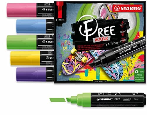 STABILO - Acrylmarker - FREE Acrylic - T800C Keilspitze 4-10mm - Seaside - 5er Pack - mit 5 verschiedenen Farben