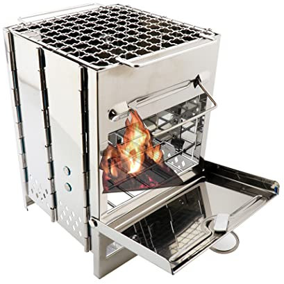 Abcsea 1 Pcs Estufa para Cámping Acero Inoxidable, Estufa de Leña Camping Portatil con Parrilla de Malla BBQ, Hornillos de Acampada, Estufa Plegable para Caminatas alAire Libre